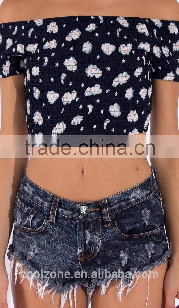 Fashion off-shoulder design short sleeve crop top for women, floarl print women tank top