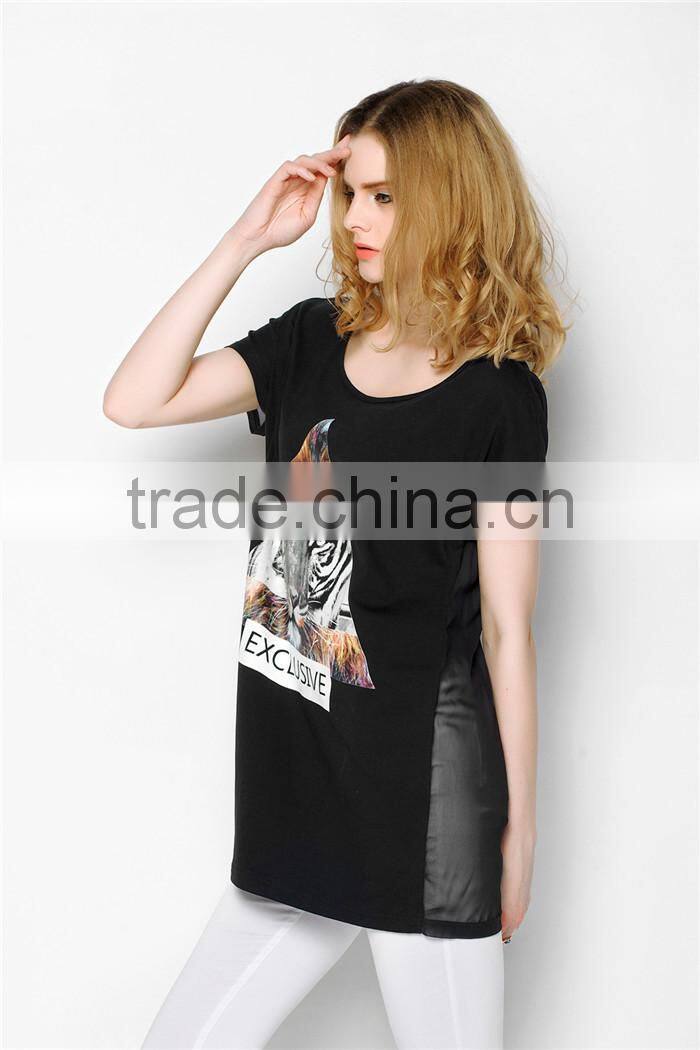 latest summer fashion long style tiger pattern print women t shirts cheap, cotton t shirts with transparent back