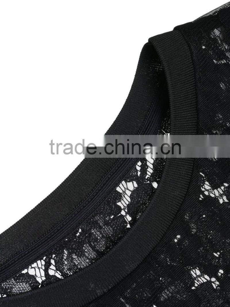 2016 ladies black lace loose style short sleeve O-neck shirt/blouse