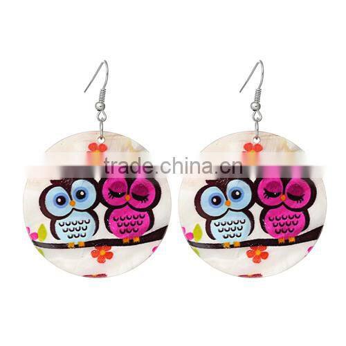Silver Tone Hook Round Blue & Fuchsia Halloween Owl Pattern Fashion Shell Dangle Earrings 6.5cmx4.5cm