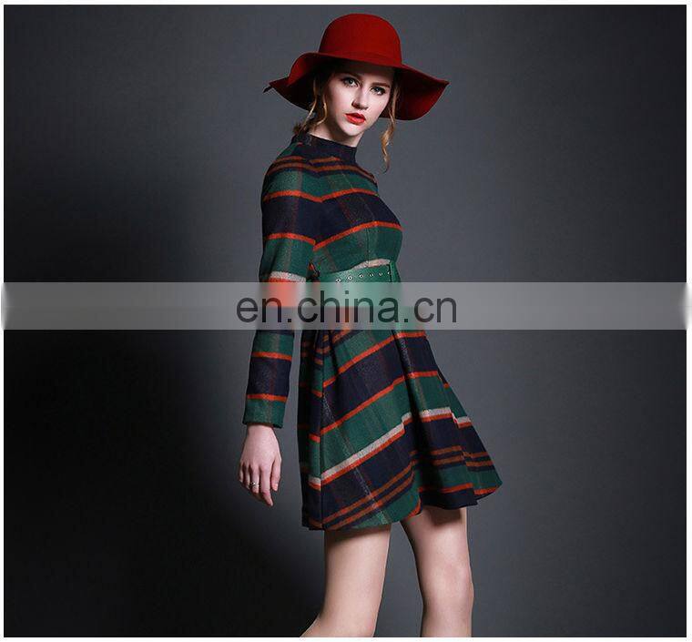 striped quality temperament checker skirt / A line long sleeve skirt