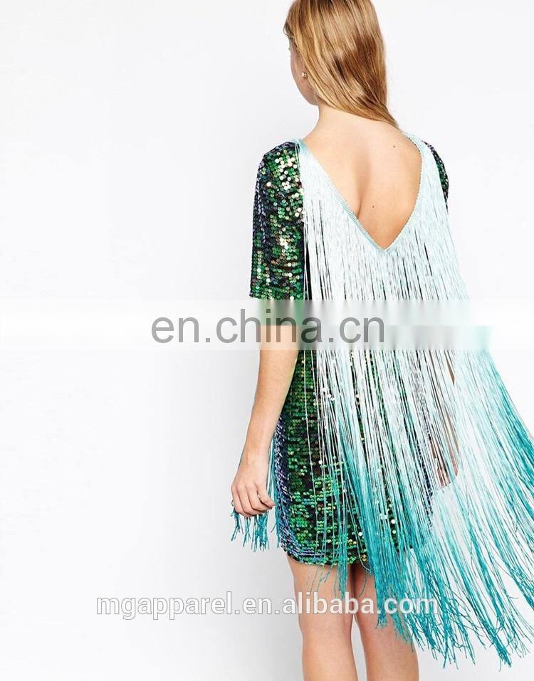 new fashion ladies short sleeves sexy low v-back t-shirt sequin embellished fringe party dress
