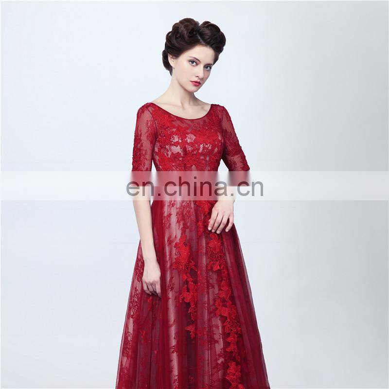 Real Sample Fashion A line Lace-up Scoop Floor-length Lace Appliqued Formal 1/2 Long Sleeve Backless Party Evening Dresses