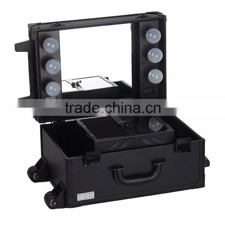 2016 newest design professional pvc trolley makeup display case with 6 lights mirror