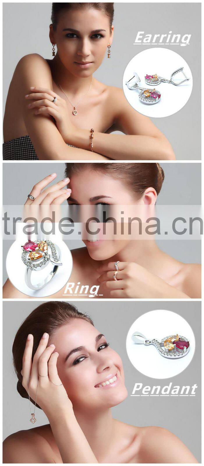 Pure silver material jewelry sets with yellow/ruby glass stones micro paved fashion jewelry sets for women