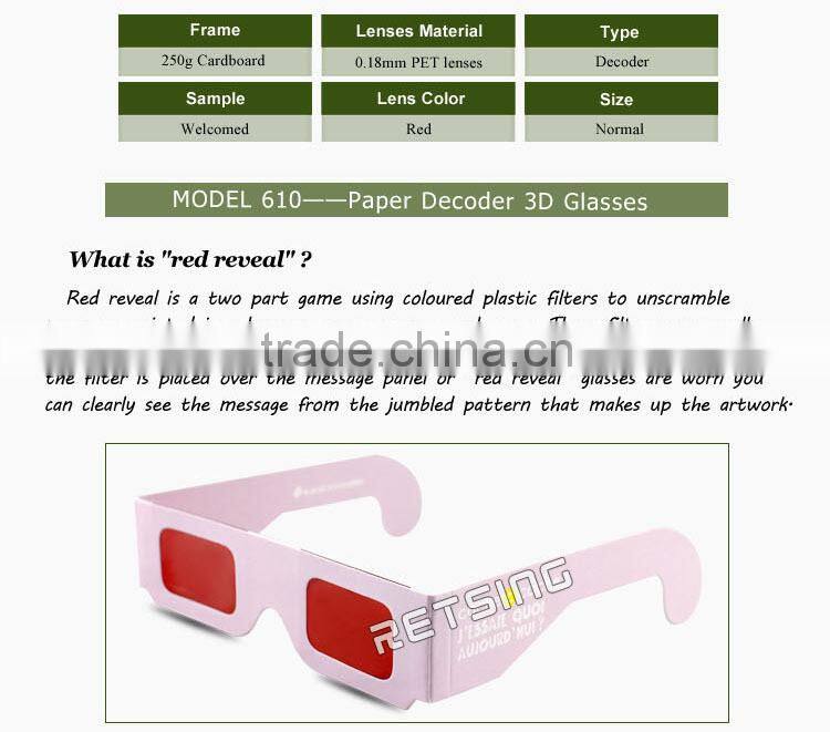 Low cost red reveal glasses with lens of the same colour