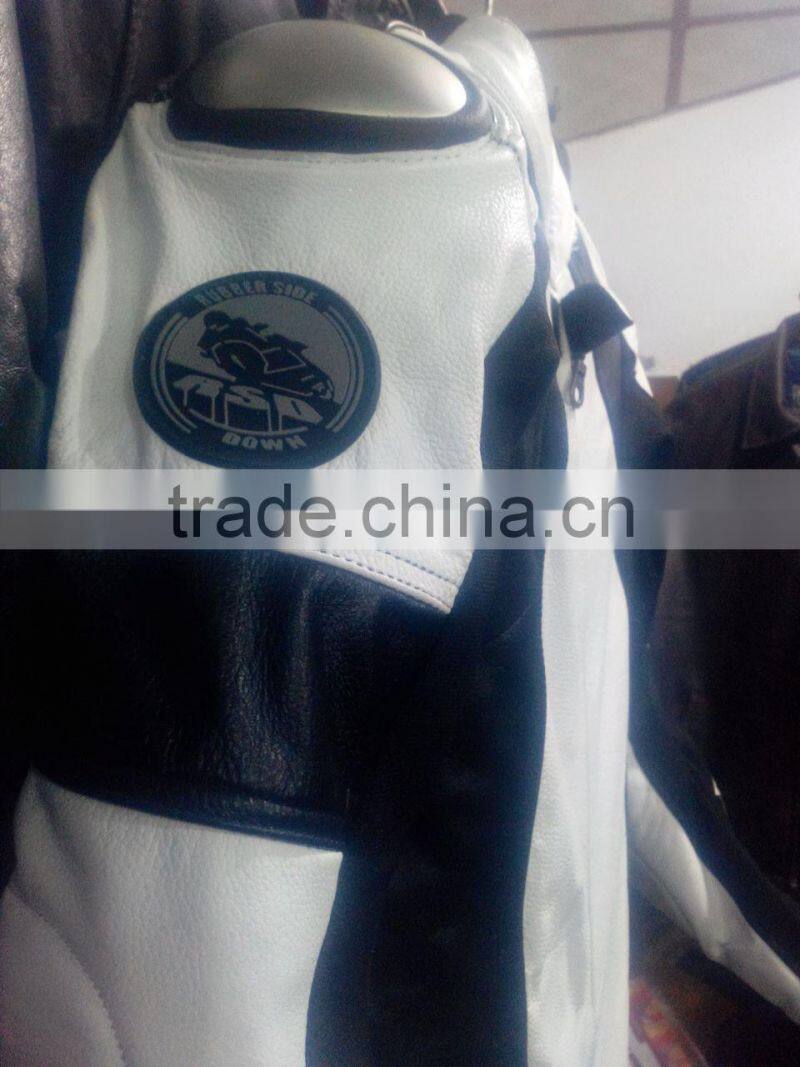 MENS MOTORBIKE LEATHER SUIT COWHIDE LEATHER BLACK & WHITE