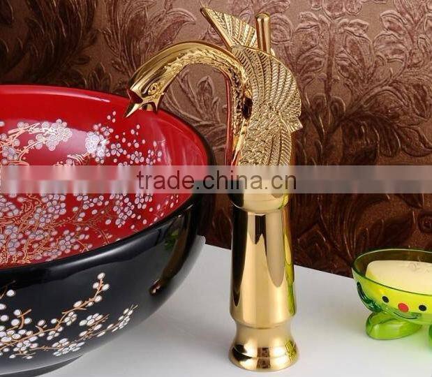 Artistic tall goden bathroom swan basin faucet,single lever mixer tap QH3049HG