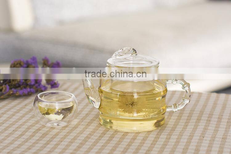 Bamboo shaped Heat- Resisting Borosilicate Glass Teapot with leaf lid+ 4 Double wall tea cups