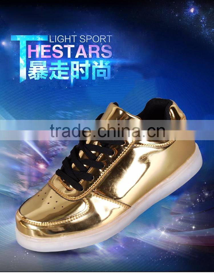 boys girls soft wear LED Luminous sports leisure shoes lace-up led flash evening shoes golden silver color