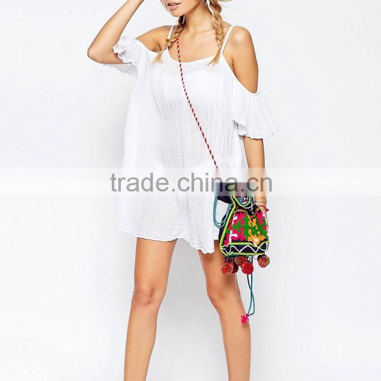 2016 sexy women and girl palin rayon cold shoulder cross back beach cover up dress