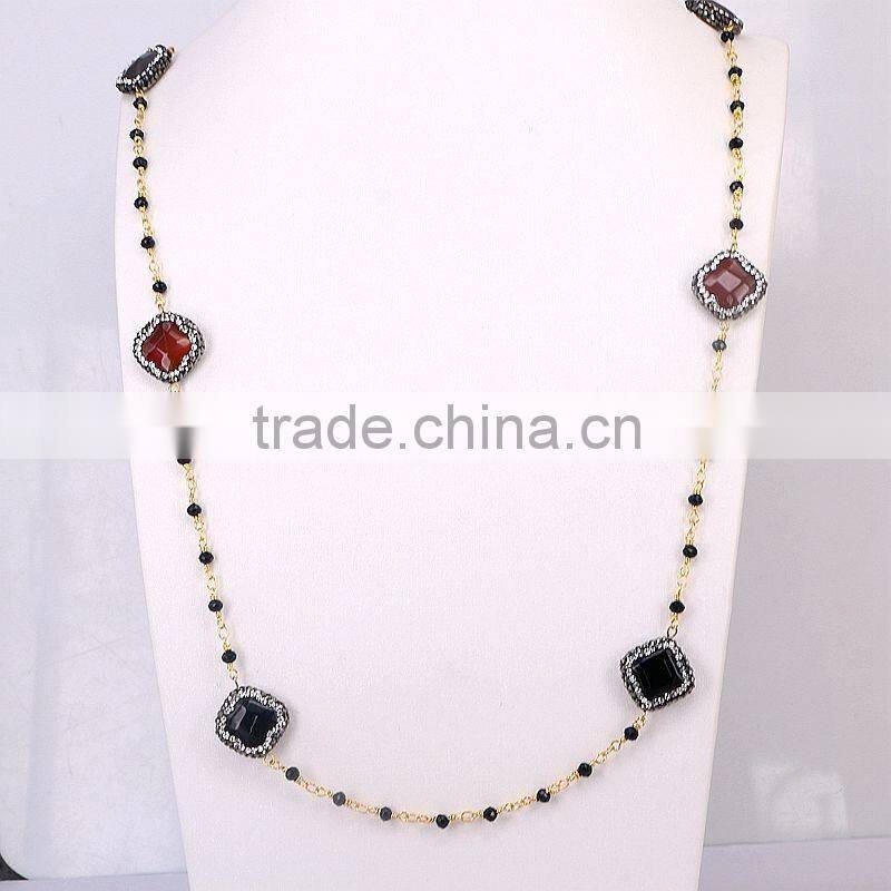 Pave Crystal Clover Druzy Agate Stone Necklace, Gold plated Wire Wrapped Beaded Rosary chain Black beads Necklace