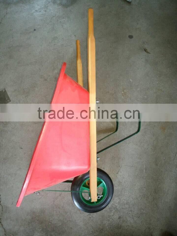 Red plastic kids wheelbarrow with wooden handle WB0603