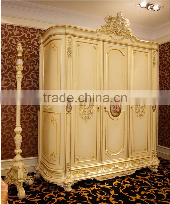 French Graceful Wood Carving Bedroom Set, Luxury Home Gilt Bedroom Furniture, Fancy White Hand Painted Super King Size Bed