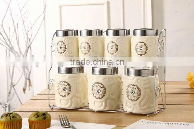 ceramic canister set with stainless metal stand