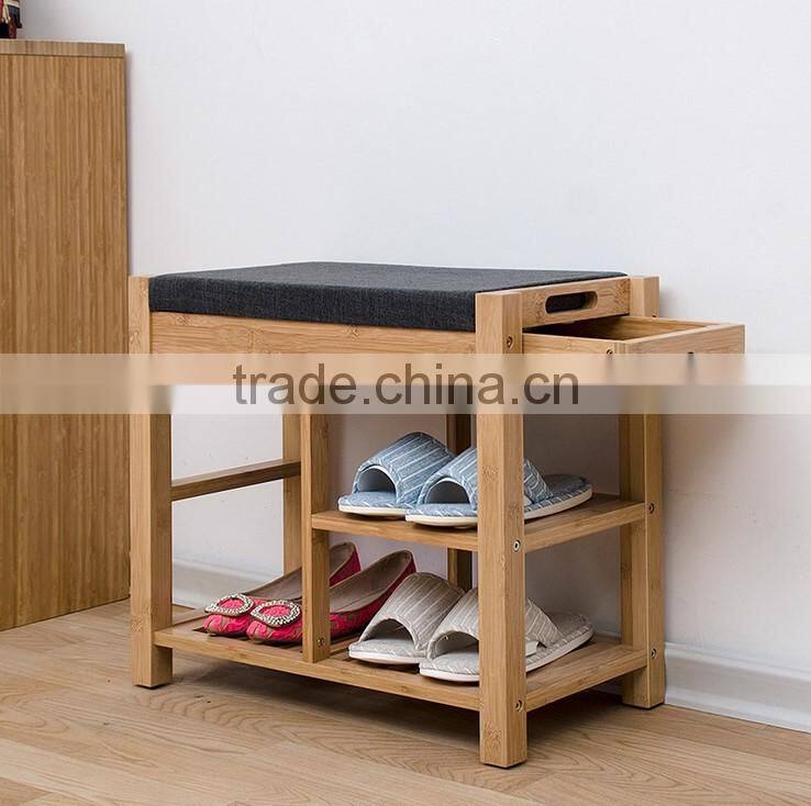 new design bamboo shoe rack shoe bench seat cushion wooden shoe display rack drawer