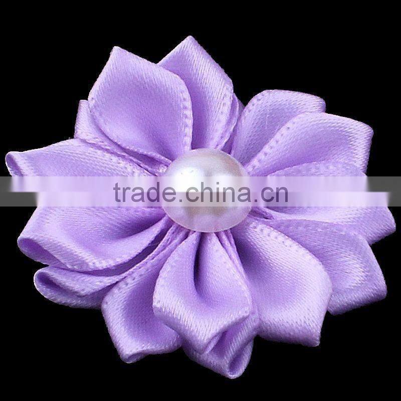 satin ribbon flower with pearl bead center for kids hair accessories
