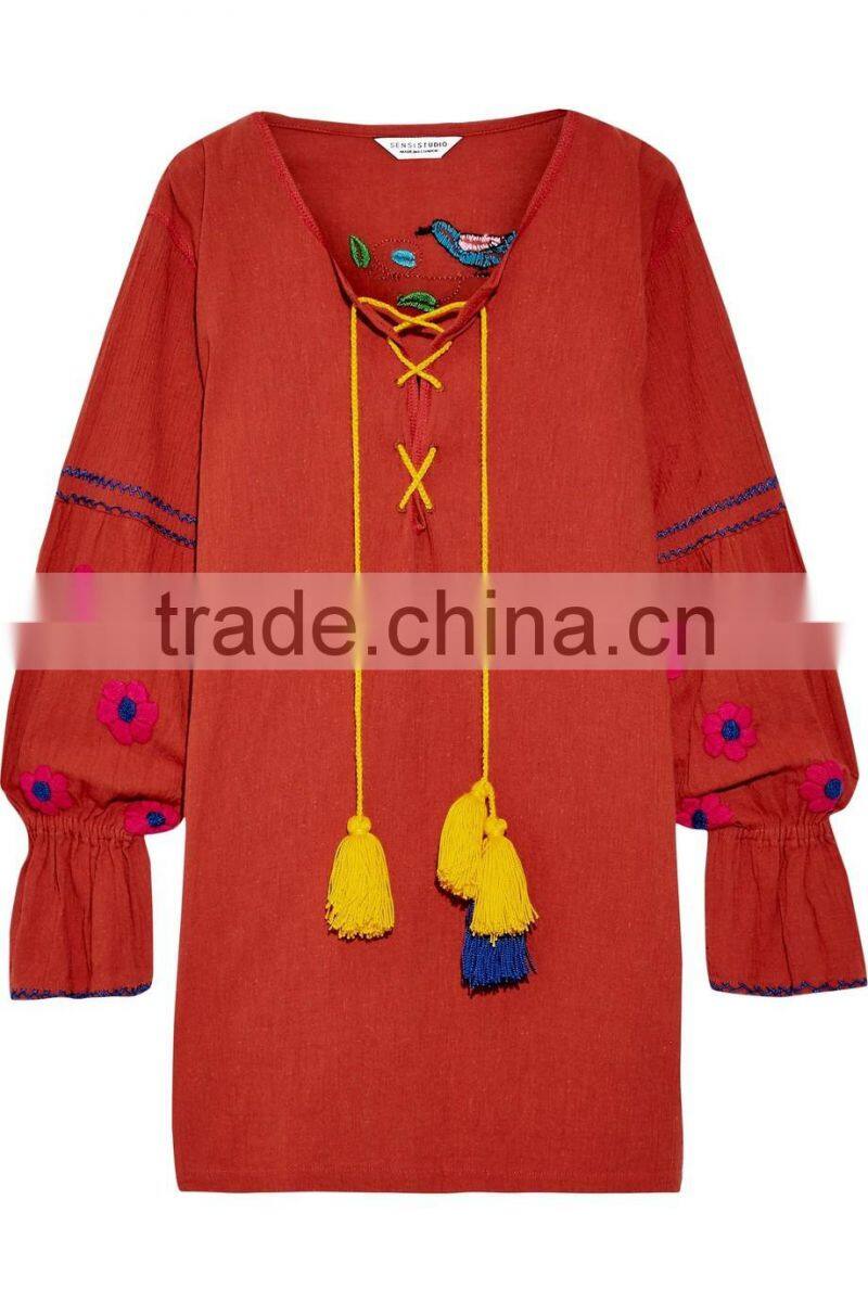 Bohemian Clothing Boho Mexican Peasant Embroidered Crinkled Cotton Mini Dresses With Pompom HSD5939