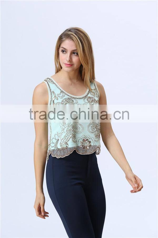 new design ladies sequin embroideried beaded cami top