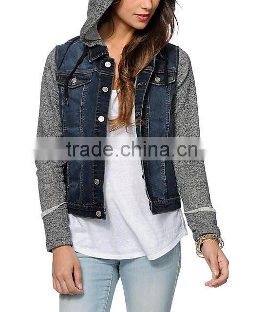 2017 New Design Sample wholesale China Guangzhou denim facotry winter jean women Long Sleeves Hooded Bomber jacket for ladies