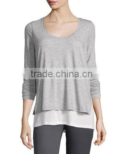 high quality Double-Layer Long-Sleeve Tee/Pima cotton Relaxed style Top layer side open hemp t shirt for women