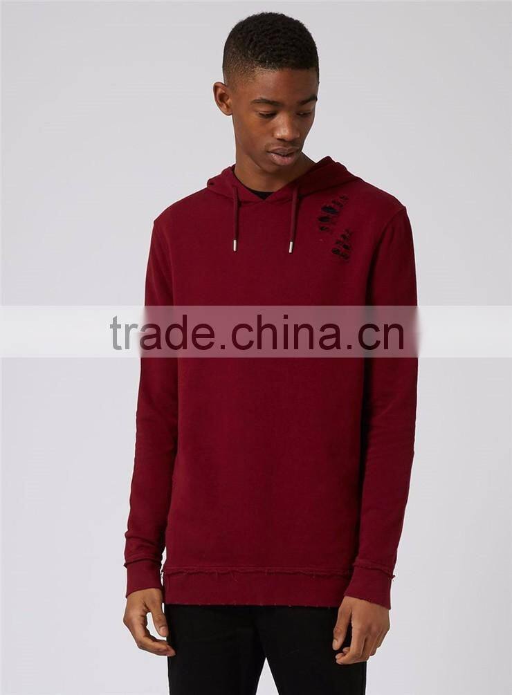 Custom Design Plain Extreme Ripped Oversized Longline Distressed Classic Fit Hoodie Burgundy Split Sides