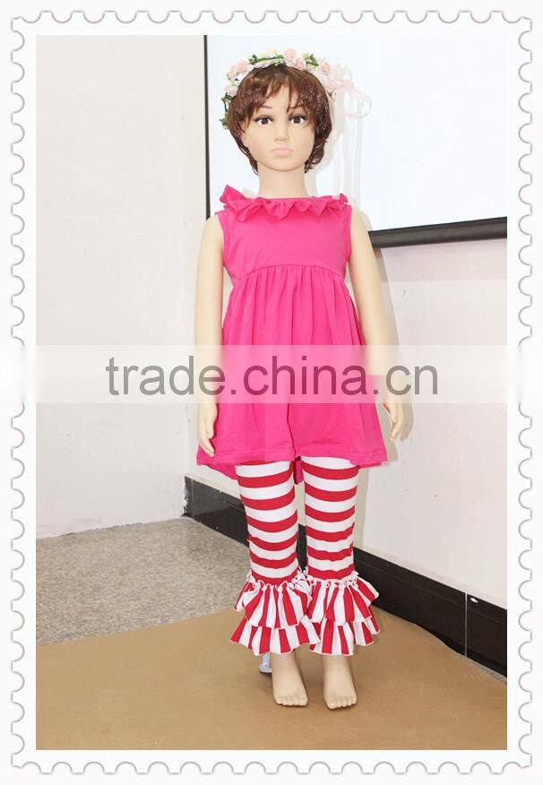 Wholesale Cotton Baby Clothes Kids Soild Color Dress And Ruffle Stripe Pants Children's Boutique Set