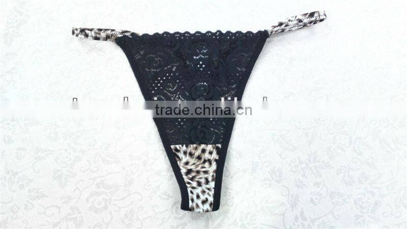 2014 Stylish hot sale sexy black lace panty thong with fancy leopard printing