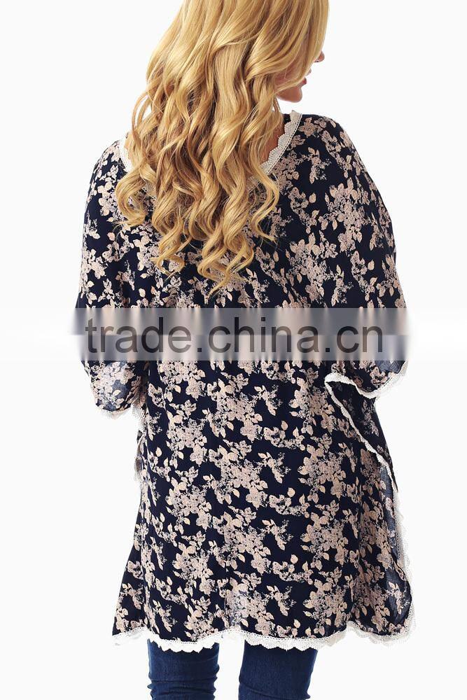 NAVY BLUE MOCHA FLORAL PRINT CROCHET TRIM MATERNITY WEAR