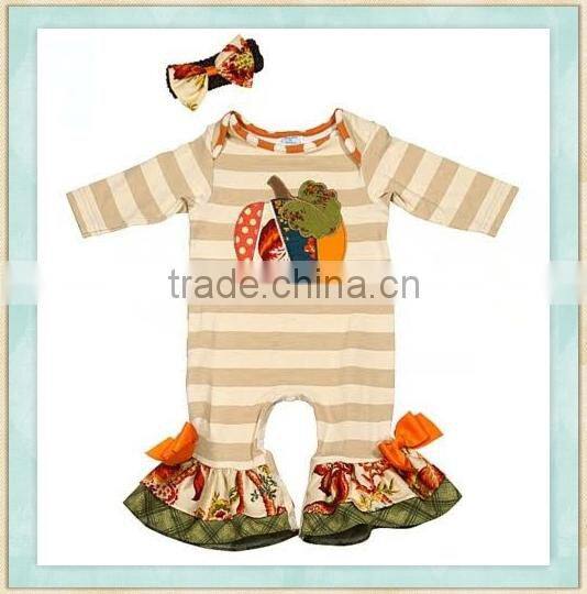 Wholesale kids clothes pumpkin embroidery design organic baby romper sets