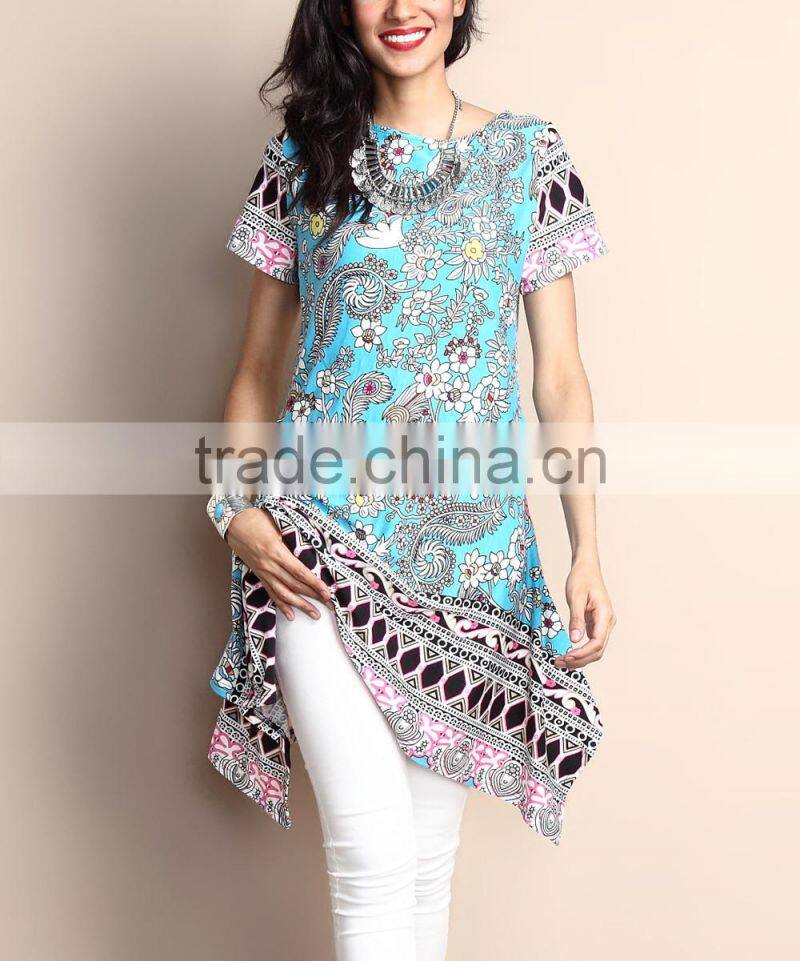 New Style Women Blouse With Blue Floral Sidetail Tunic Women Floral Tops Women Clothes GD90426-41