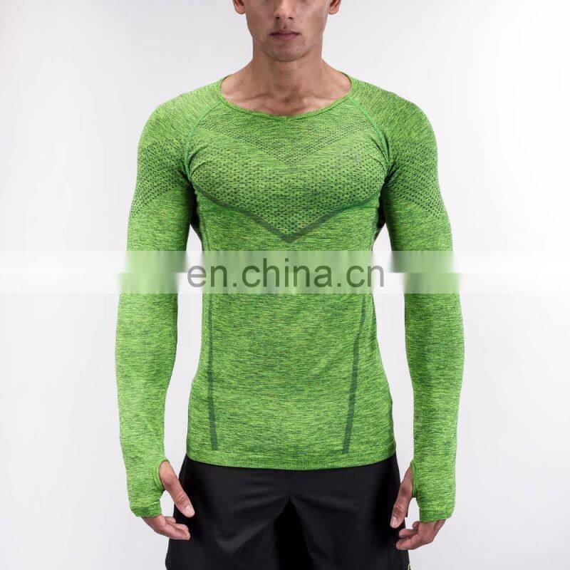 Wholesale Latest Design Gym Wear Mens Seamless Performance Green men Long Sleeve T Shirt
