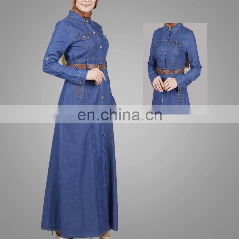 new style denim muslim caftan dress fancy blue islamic women cardigan