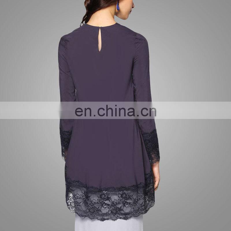 2017 New Fashion Silk Satin Material Women Long Sleeve Blouse Islamic O Neck Tunic With Black Lace Casual Muslim Top