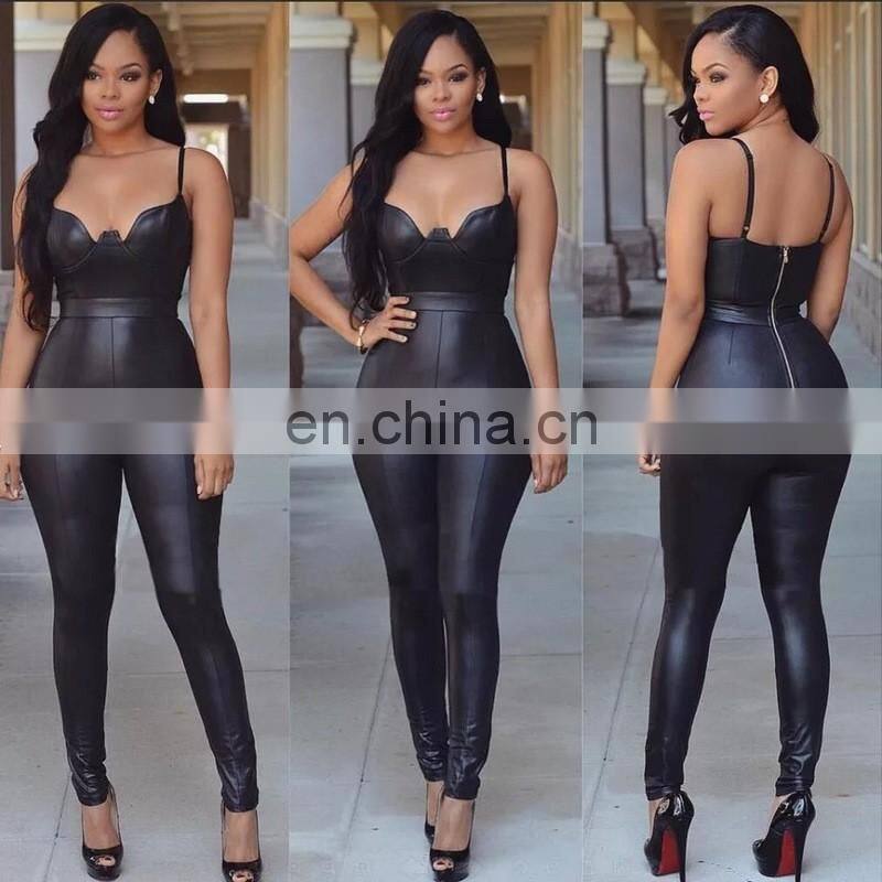 Amigo 2017 new design sexy women party wear black strape backless long bodycon leather evening jumpsuit for girls