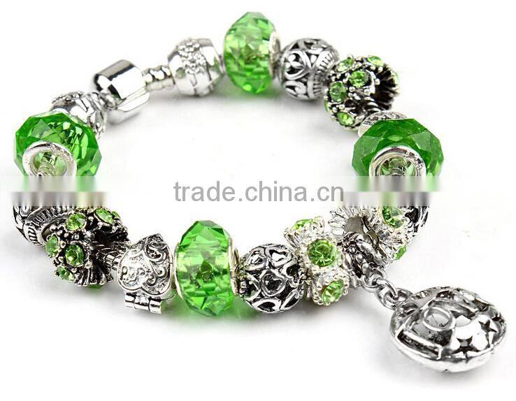 Fashion hot sale love charm bracelet beautiful green cyrstal bead bracelet