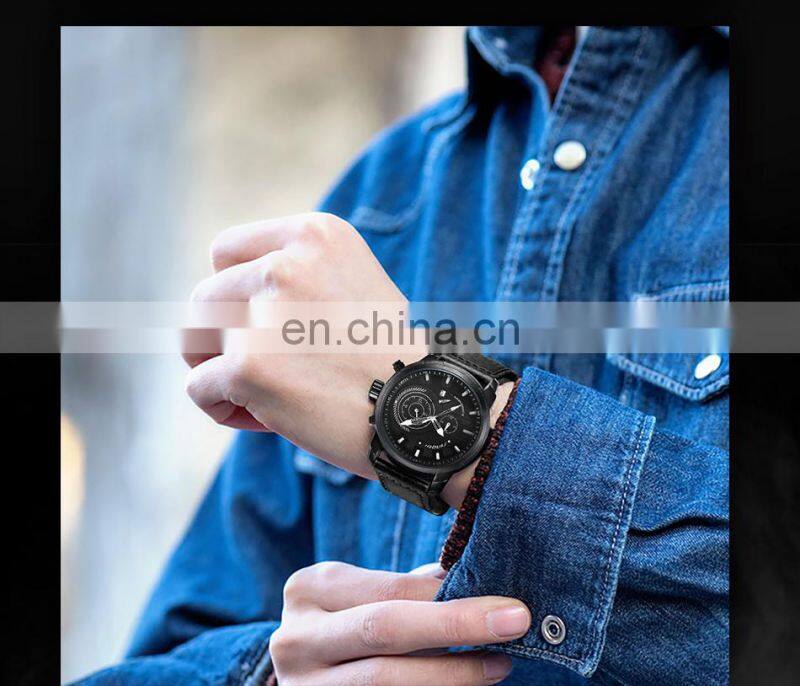 SINOBI Chronograph Men's Watch Calendar Date Function Luminous Soft Leather Band Quartz Watches S9786G Jam Tangan