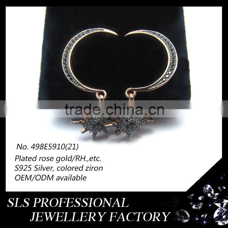 2016 New product fashion 925 sterling silver antique black zircon moon and star stud earrings for women