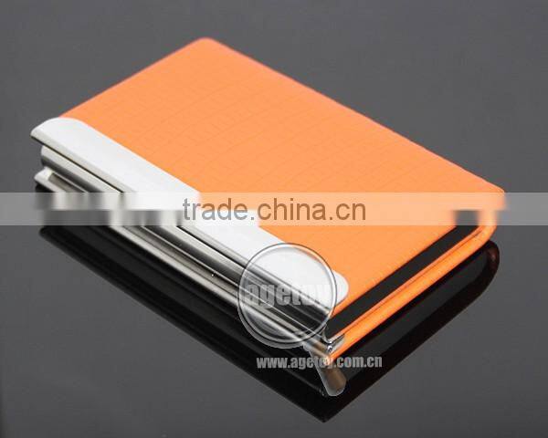 Orange Color Leather Stainless Steel Metal Leather Business Card Holder