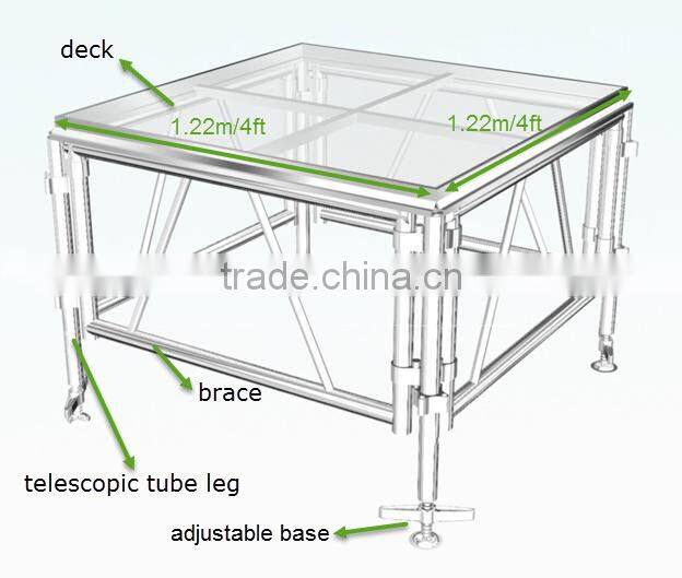 1.22x1.22m (4'x4') aluminum frame clear tempered glass stage platform