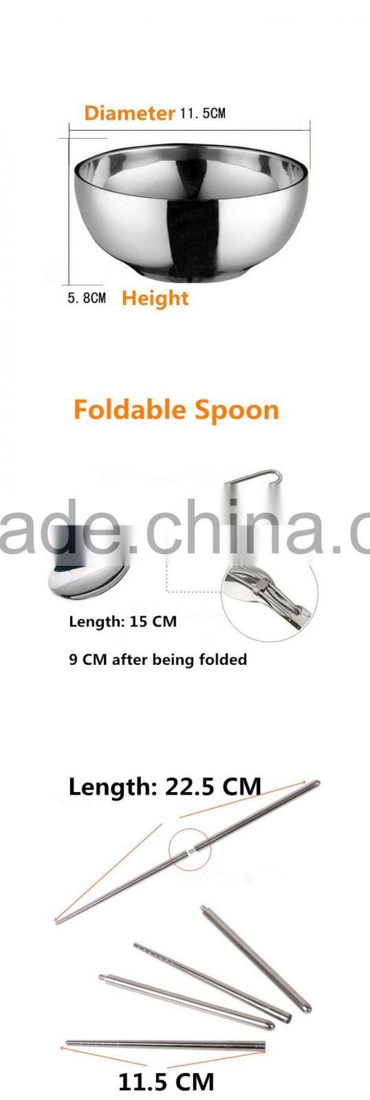 Stainless Steel Mixing Bowl with Foldable Spoon and Chopsticks in Nylon Bag