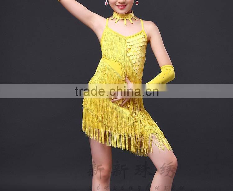 2016 Children Dance Skirt with Sleeves Sequins Latin Dresses Backless Fringe Children Latin Dance Dress for Girls Competition