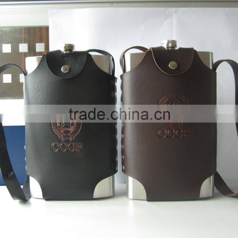 Big Stainless Steel Hip Flask With Leather Case