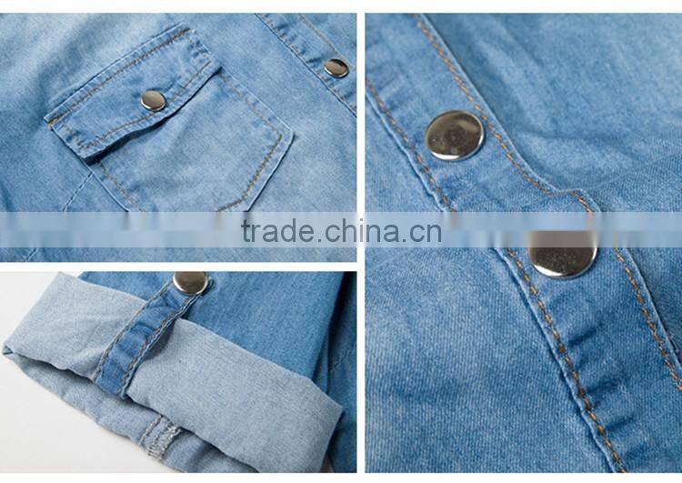 2016 Summer Fashion Ladies Snap Buttons Closure Denim Shirt Rolled Half Sleeve Slim Fit Casual Shirts For Women