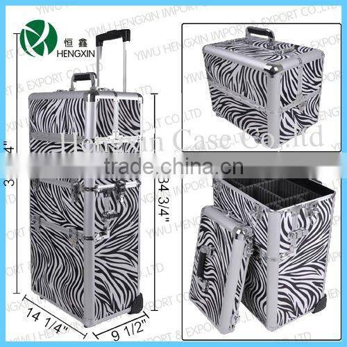 Zebra Aluminum trolley beauty case rolling train Makeup Cosmetic Case Hair Style Lockable Box