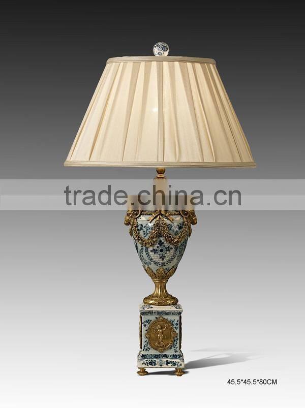 Noble Blue & White Painting Ceramic Table Lamp With Shade, Decorative Porcelain Desk Lamp With Bronze Triangle Based