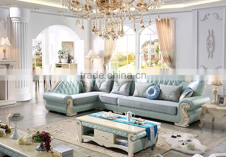 Fabric seat light blue genuine leather corner sofa set