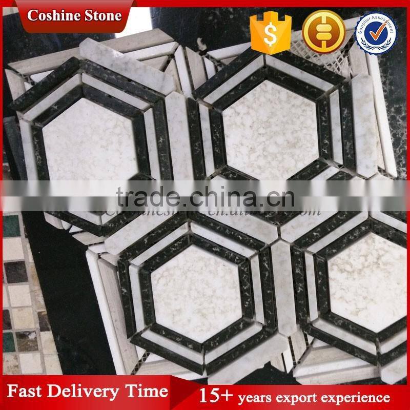 Five layers surround white black hexagon marble stome mosaic with more veins