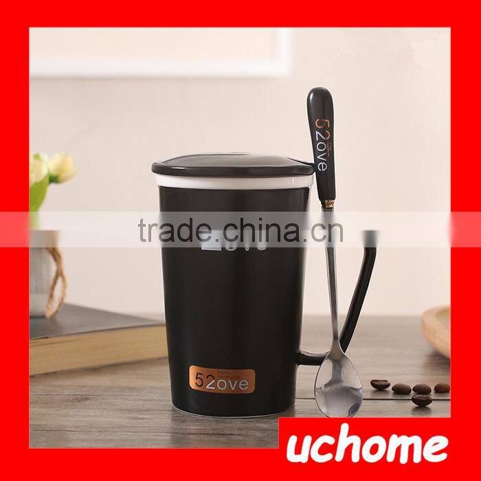 UCHOME Black And White Ceramic Couple Milk Mug Cups With Lid And Spoon