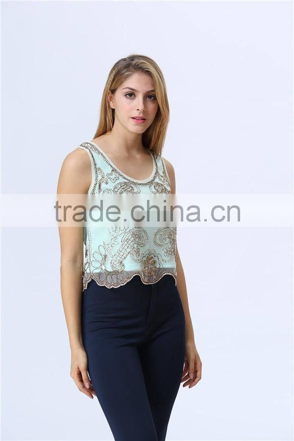 new design ladies sequin embroideried beaded cami top